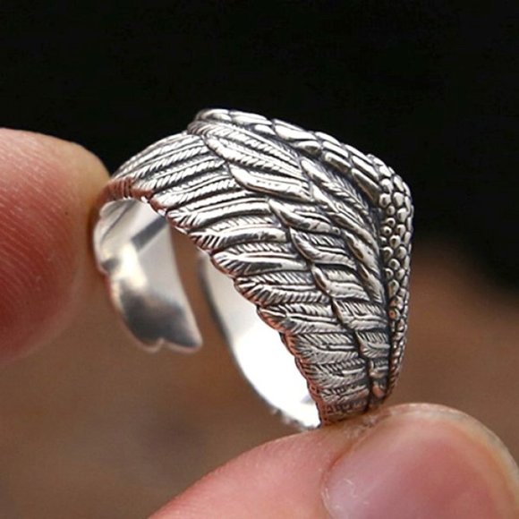 💍 Alloy Ethnic Dainty Crooked Feather Carved Vintage Wings Ring Women, PD436 - Picture 1 of 2